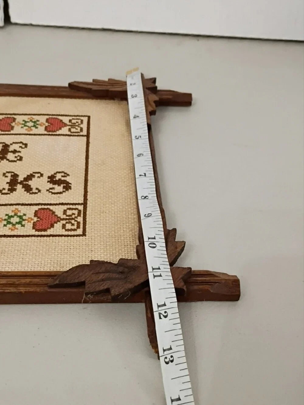 Vintage 'Give Thanks' Framed Cross-Stitch in Brown and Cream